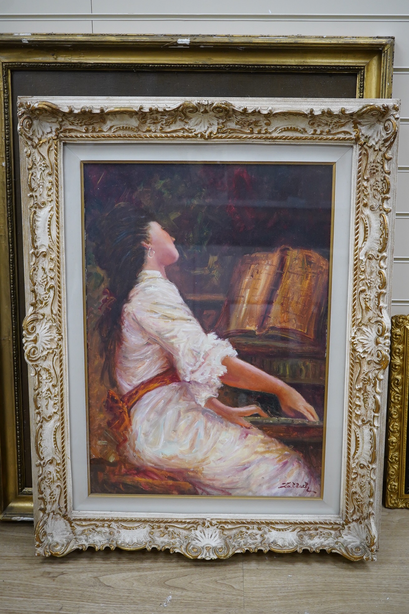 Zolbach?, Impressionist oil on canvas, Study of a lady playing a piano, signed, 68 x 48cm, ornately framed. Condition - good